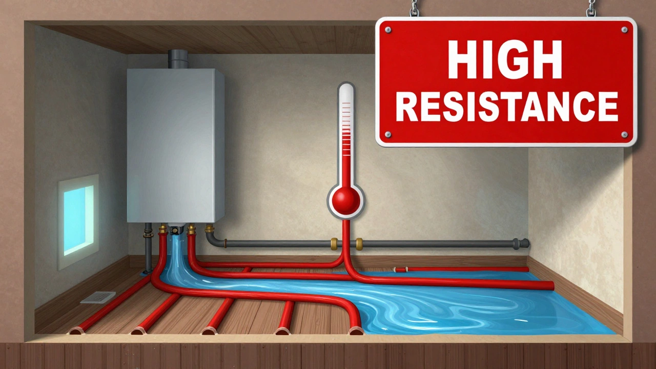 Разрез дома с системой отопления: тонкие трубы с напряжённым потоком, широкие — с застоем, холодные зоны и предупреждающий термометр.