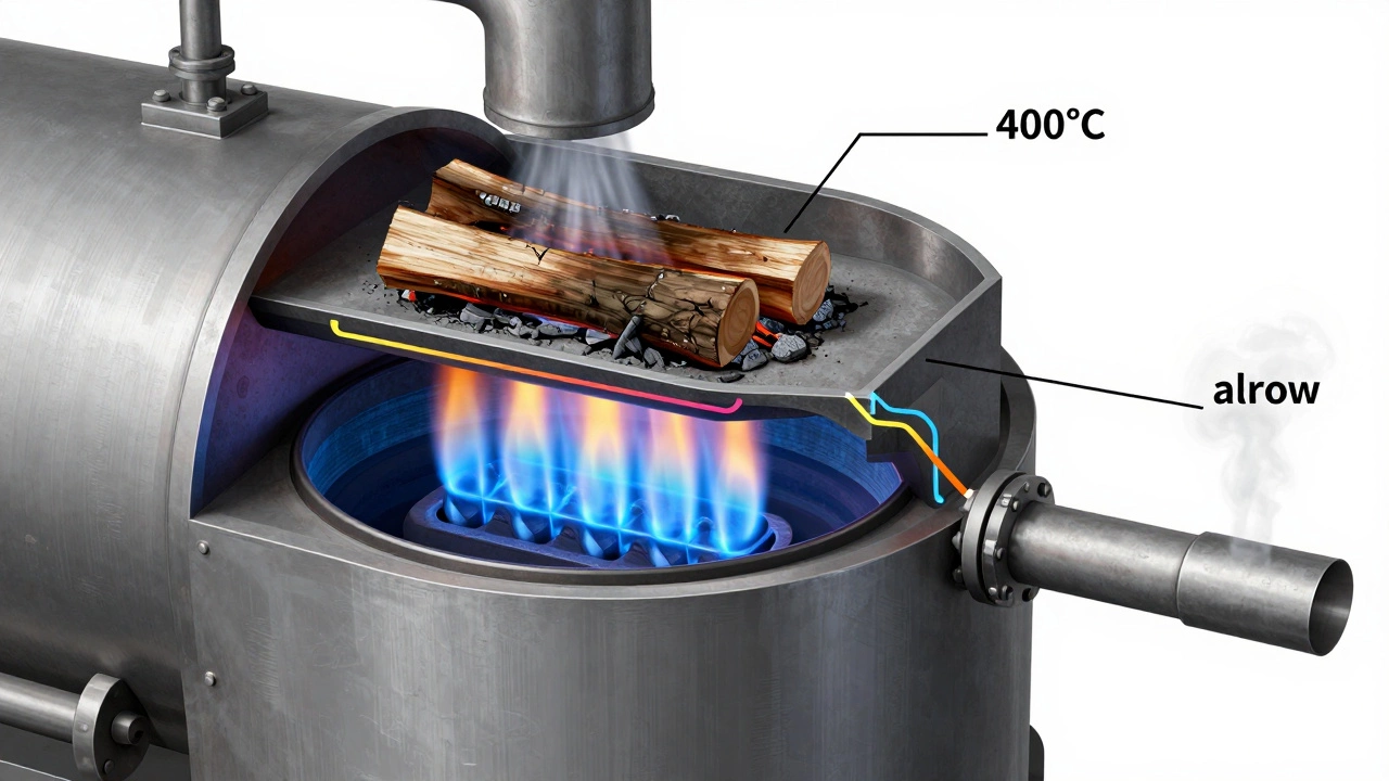 Разрез пиролизного котла с двумя камерами и потоками газов.