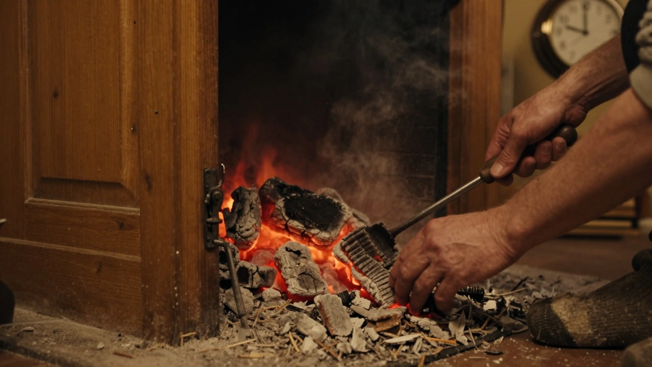 Руки засыпают угли золой кочергой, в тени — часы показывают 2:17.