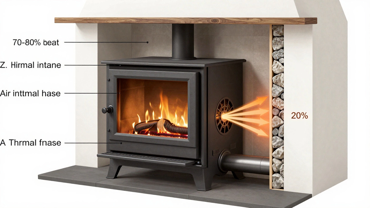 Схема вставного топливника с теплообменником и вентилятором, показывающая эффективный обогрев помещения.