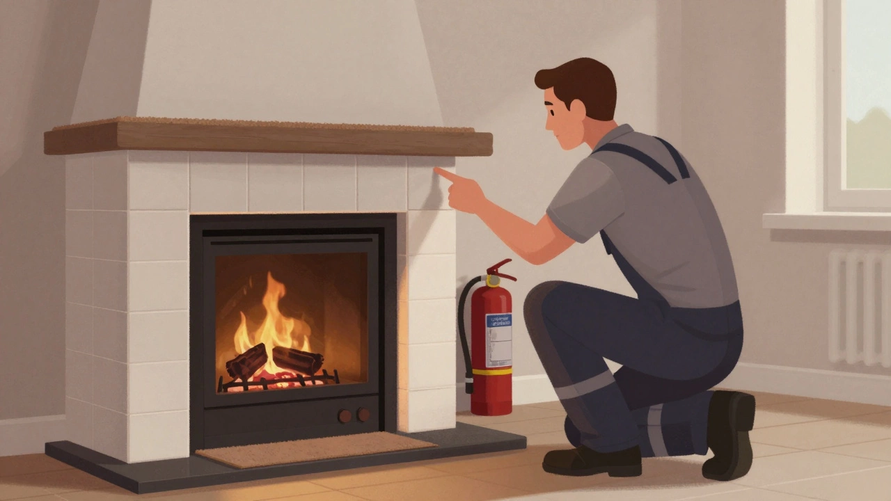 Специалист проверяет огнеупорную плитку перед газовым камином, тонкий войлочный коврик сверху.