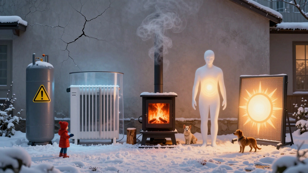 Сравнение пяти систем отопления как персонажей: безопасные — рядом с детьми, опасные — с предупреждениями.