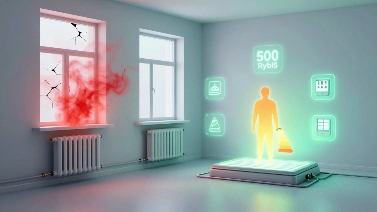 Сравнение: слева — потери тепла через окна, справа — эффективное отопление с термостатом и утеплением.