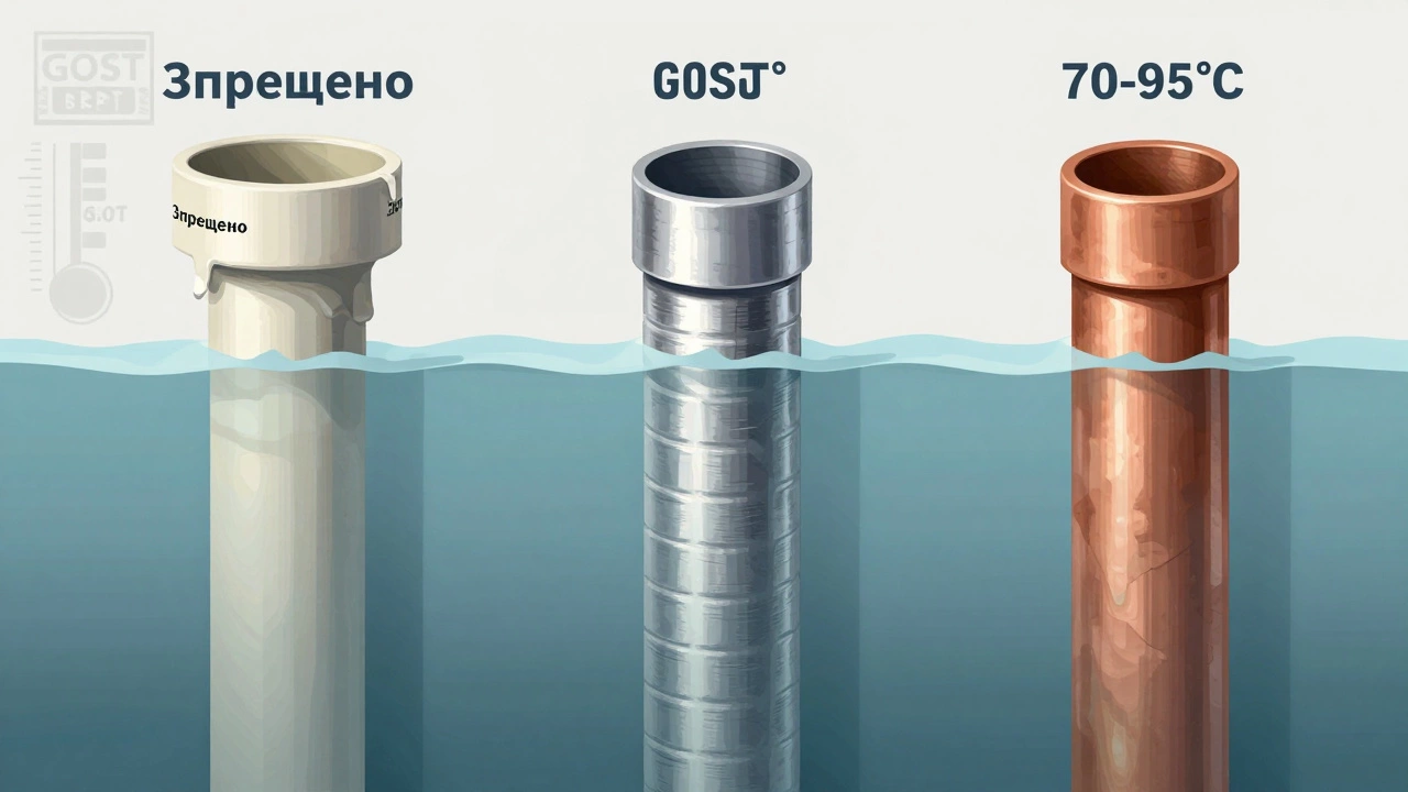 Сравнение труб: ПВХ, металлопластик и медь при высокой температуре с маркировкой стандартов.