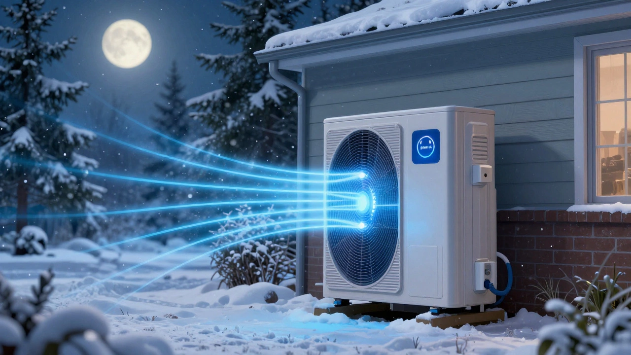 Тепловой насос на улице зимой, снег, без дыма и огня, передающий тепло в дом.