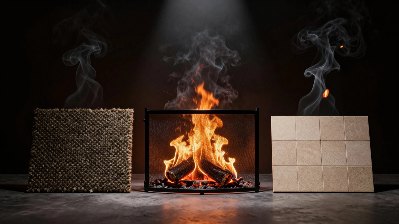 Три безопасных решения перед камином: коврик, экран и плитка — рядом с горящим ковром в дыму.