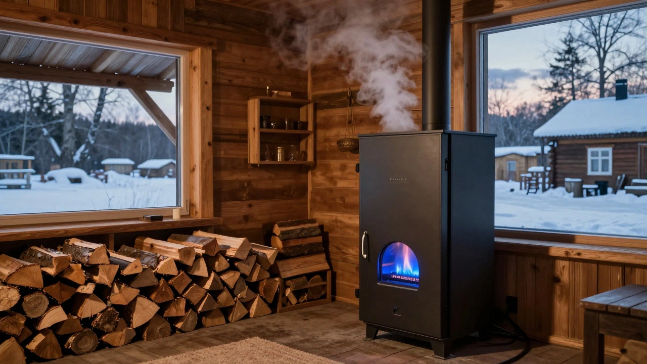 Уютный дом с пиролизным котлом и сухими дровами под навесом.