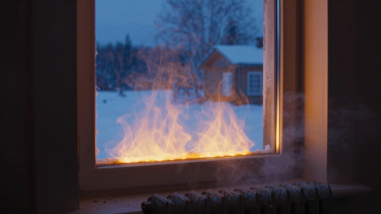 Вид изнутри дома зимой: тёплые радиаторы под окнами контрастируют с морозным внешним миром, один радиатор холодный.
