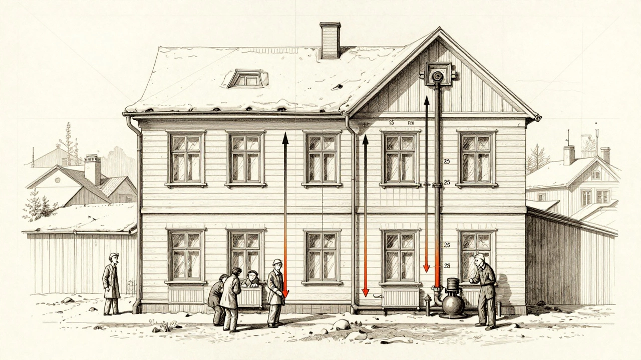 Винтажный чертёж трёхэтажного дома с обозначенными диаметрами труб, стрелками давления и людьми у холодных батарей в снежном городе.
