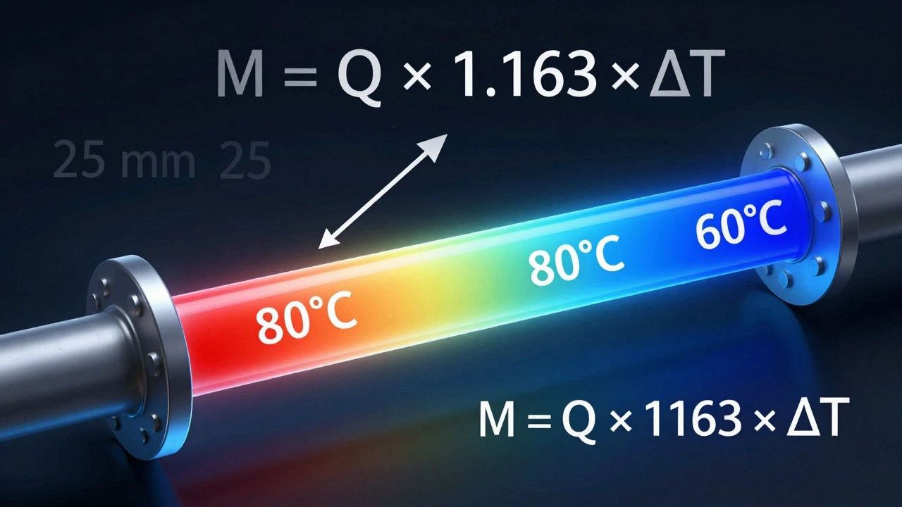 Динамика потока воды в трубе с градиентом температуры и формулой расчёта тепловой мощности.
