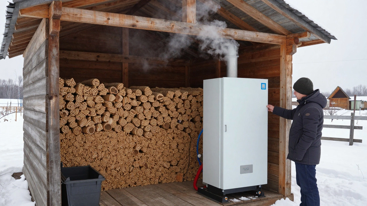 Домашняя котельная с пеллетами и автоматическим котлом в деревенском сарае.