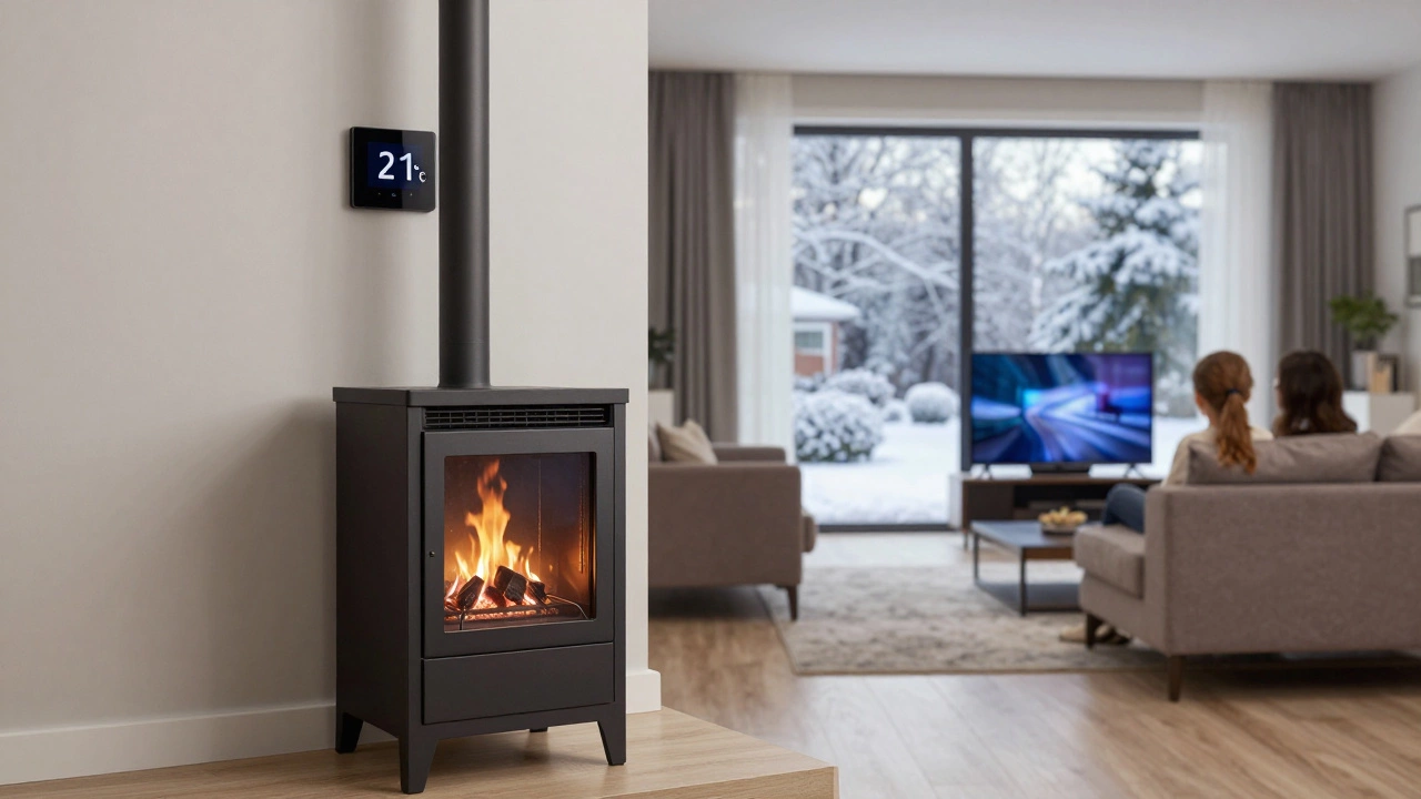 Газовая печь в современном доме, автоматически поддерживает комфортную температуру без видимого пламени.