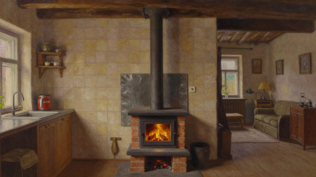 Печь у внутренней стены с теплоотражателем и прямым дымоходом в уютной русской избе.