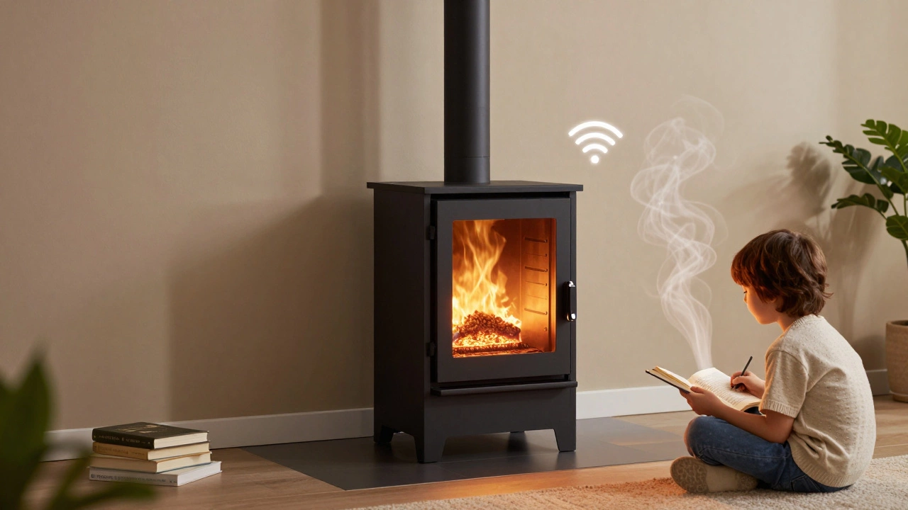 Пеллетная печь с автоматической подачей топлива, тепло и экология в дизайне современного интерьера.