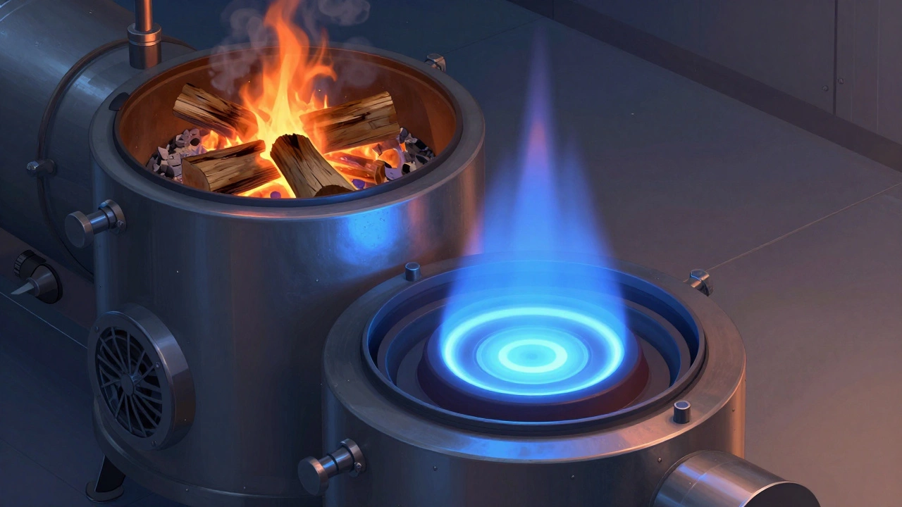 Пиролизный котел с двумя камерами: газы выделяются сверху и сгорают чистым пламенем снизу.