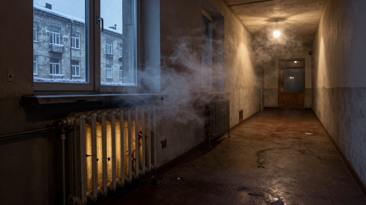 Протекающий алюминиевый радиатор в старой квартире, рядом — целый биметаллический, ночью, под окном — панельный дом.