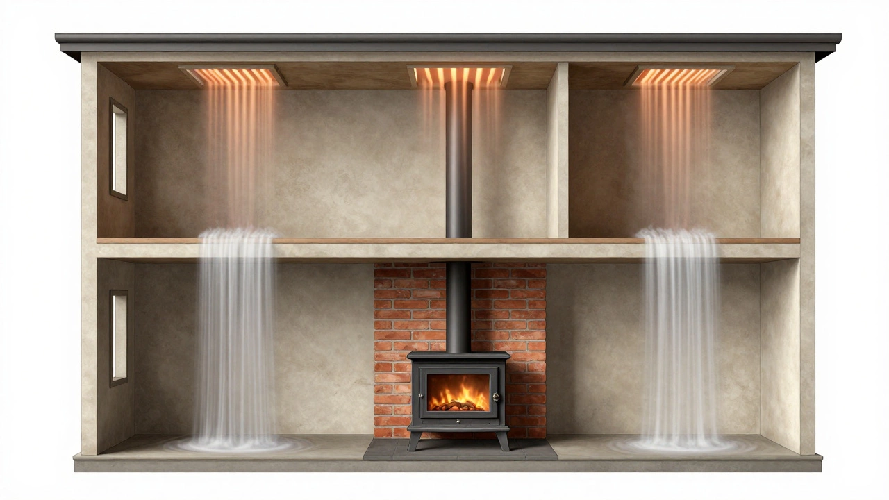 Разрез дома с центральной печью, показывающий циркуляцию теплого воздуха между этажами.