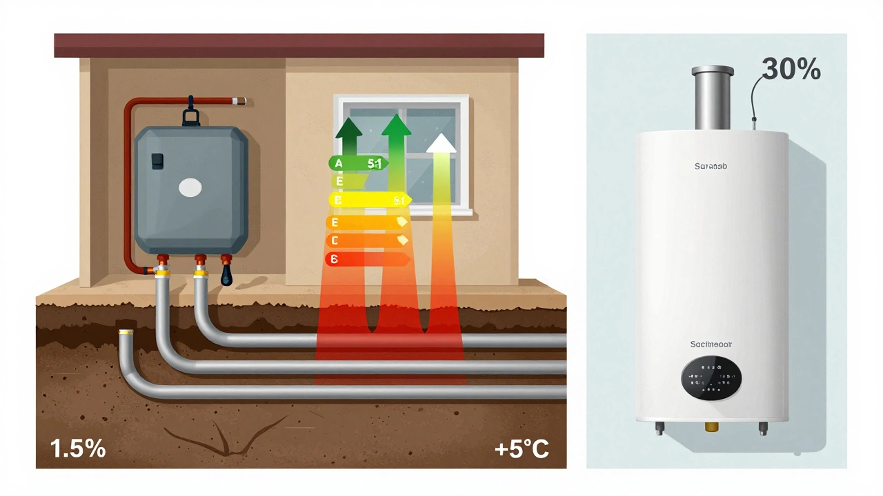 Разрез дома с геотермальными трубами в земле и потоком тепла, сравнивающий эффективность с газовым котлом.
