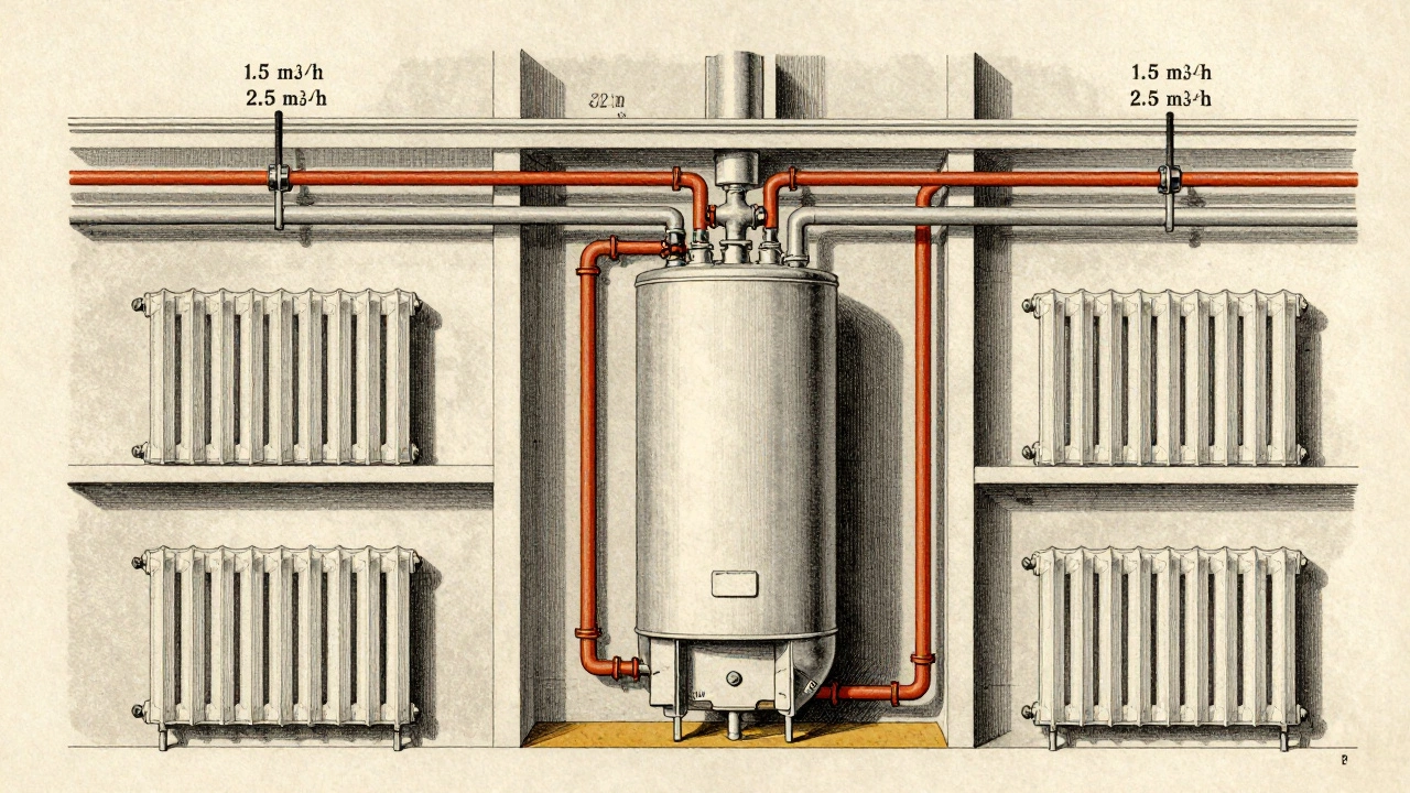 Схема системы отопления с трубами 25 мм и 32 мм, разводка к радиаторам на разных этажах.