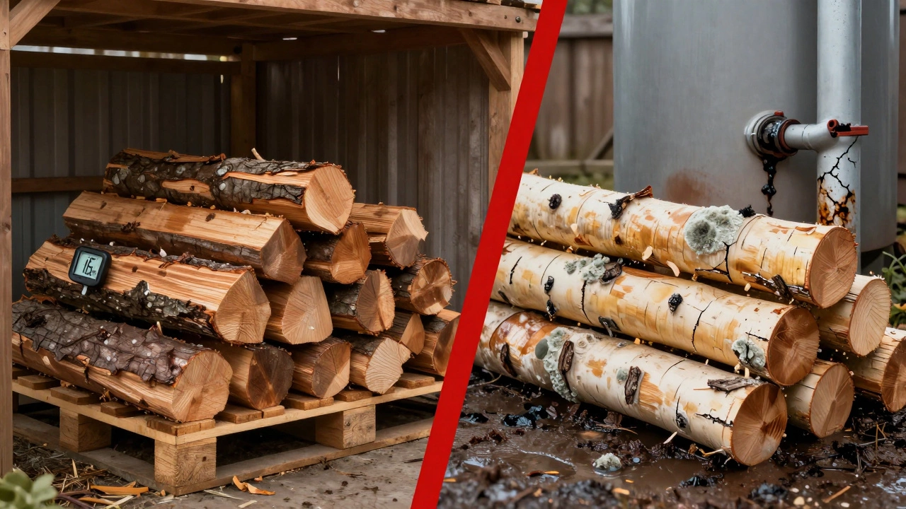 Сравнение качественных и некачественных дров: сухие на поддоне vs мокрые с корой на земле.