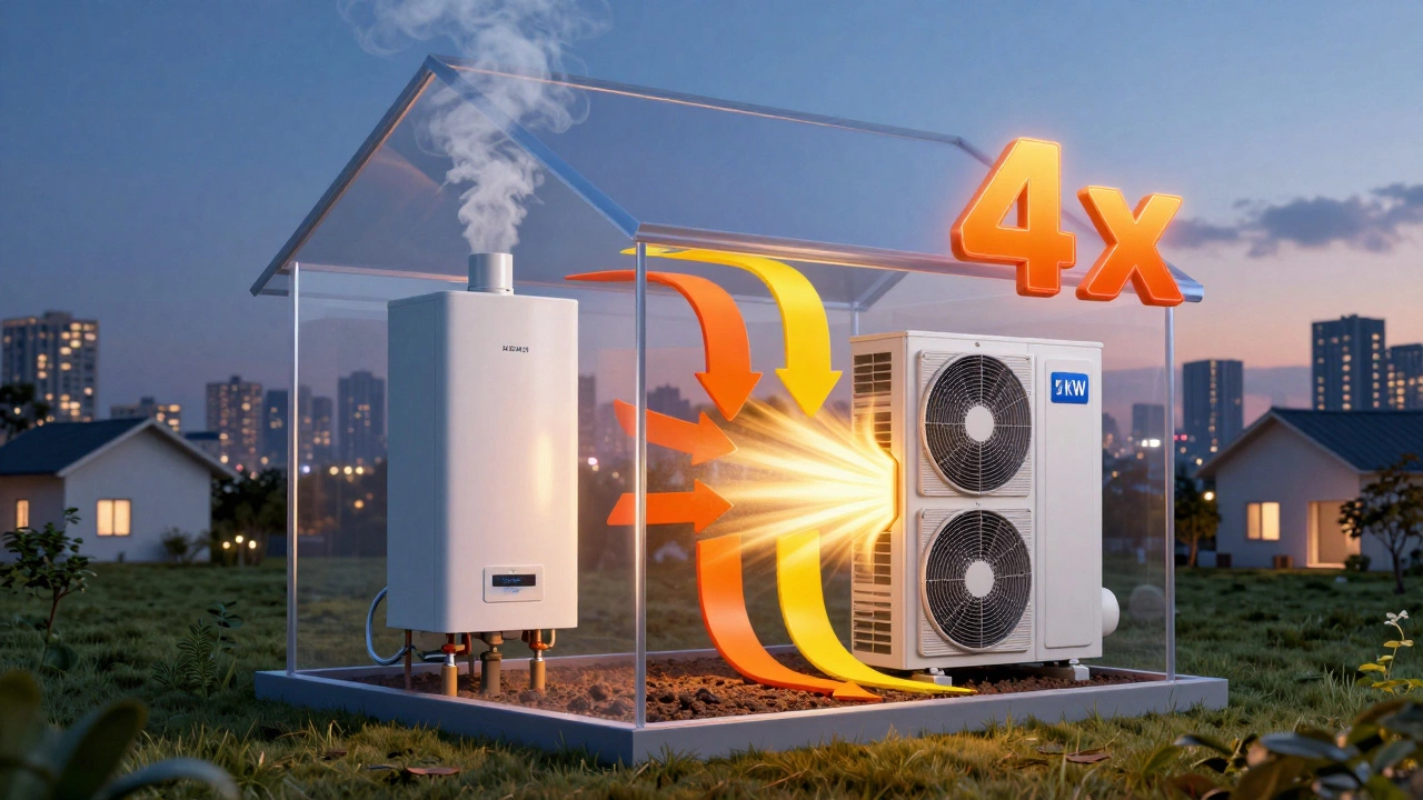 Сравнение систем отопления: газовый котёл с высоким расходом и тепловой насос с эффективным преобразованием энергии.