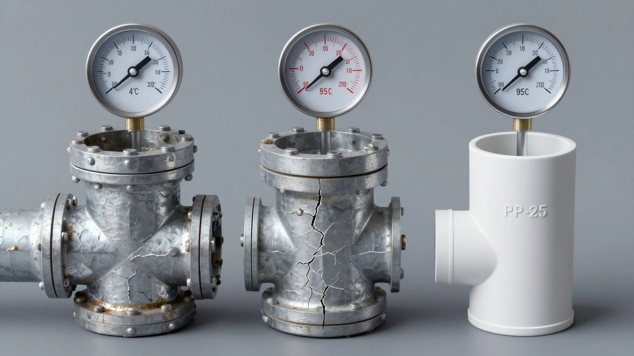 Сравнение труб: оцинкованная, ПНД и армированный полипропилен с указанием температур и дефектов.