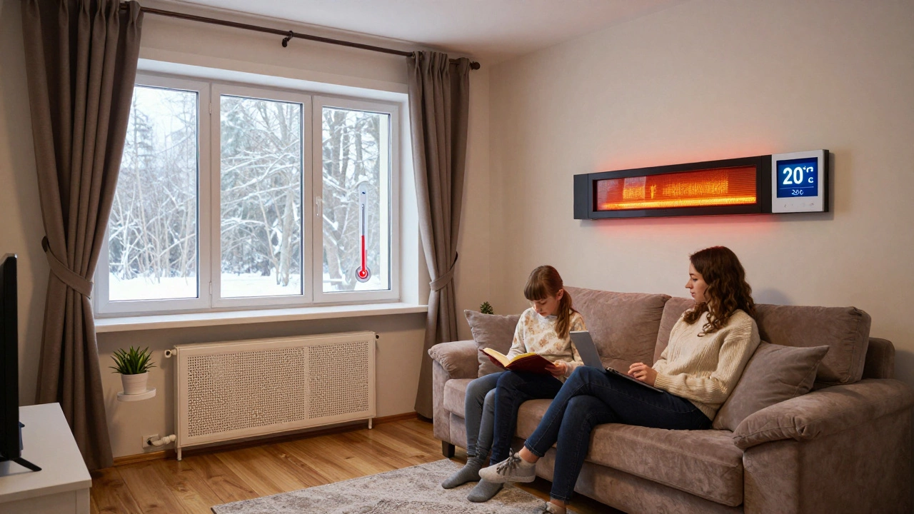 Уютная гостиная с тёплым полом, тройными окнами и инфракрасной панелью, где семья отдыхает при комфортной температуре.