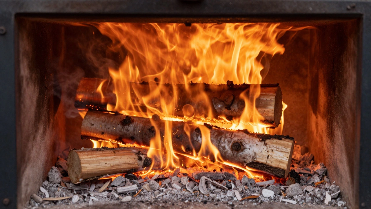 Внутренний вид пиролизного котла с равномерно горящими плотными березовыми поленьями и минимальным дымом.