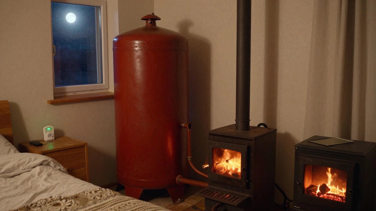 Домашний теплоаккумулятор из старого бака, подключенный к печи, излучает тепло в спальню при лунном свете.