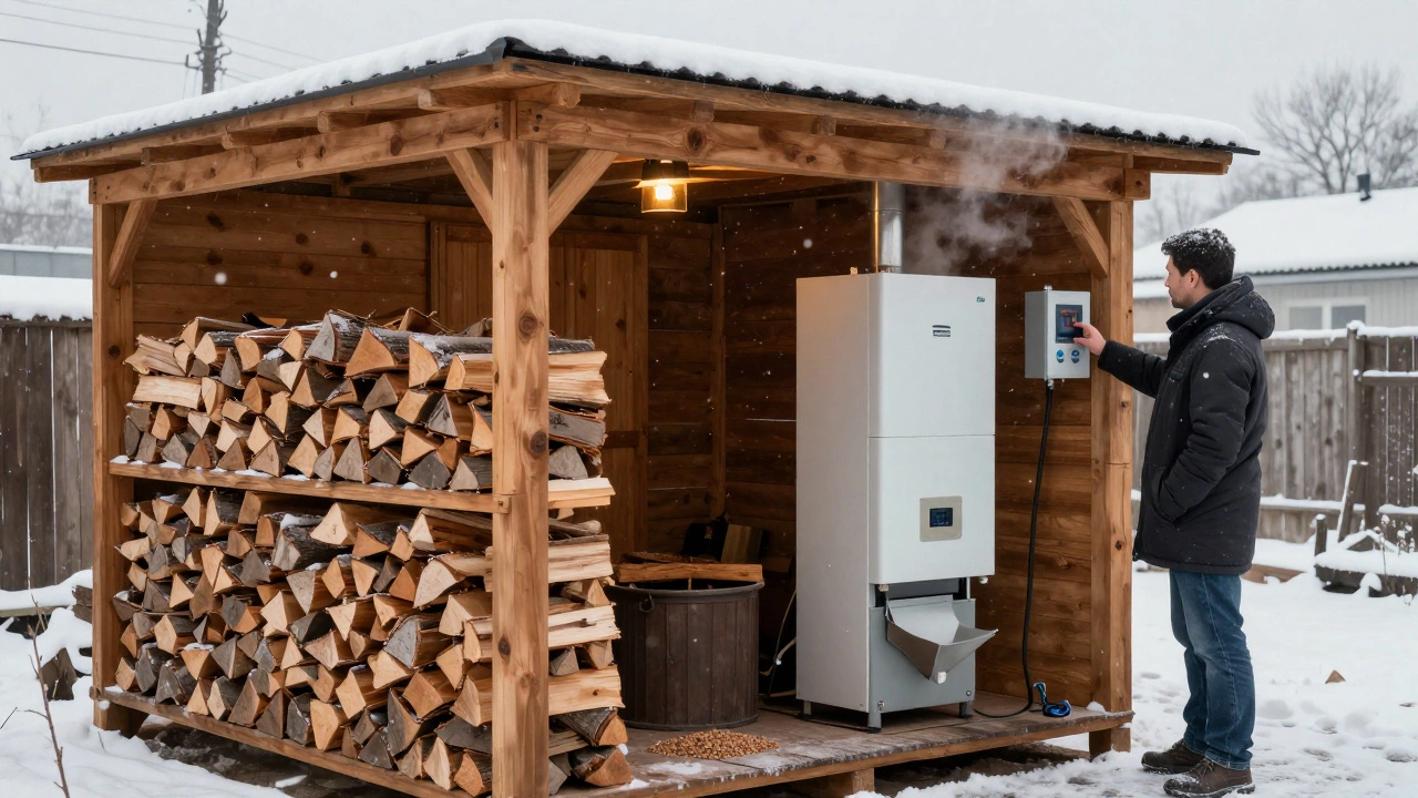 Дрова и пеллеты в сарае рядом с автоматическим твердотопливным котлом под снегом.