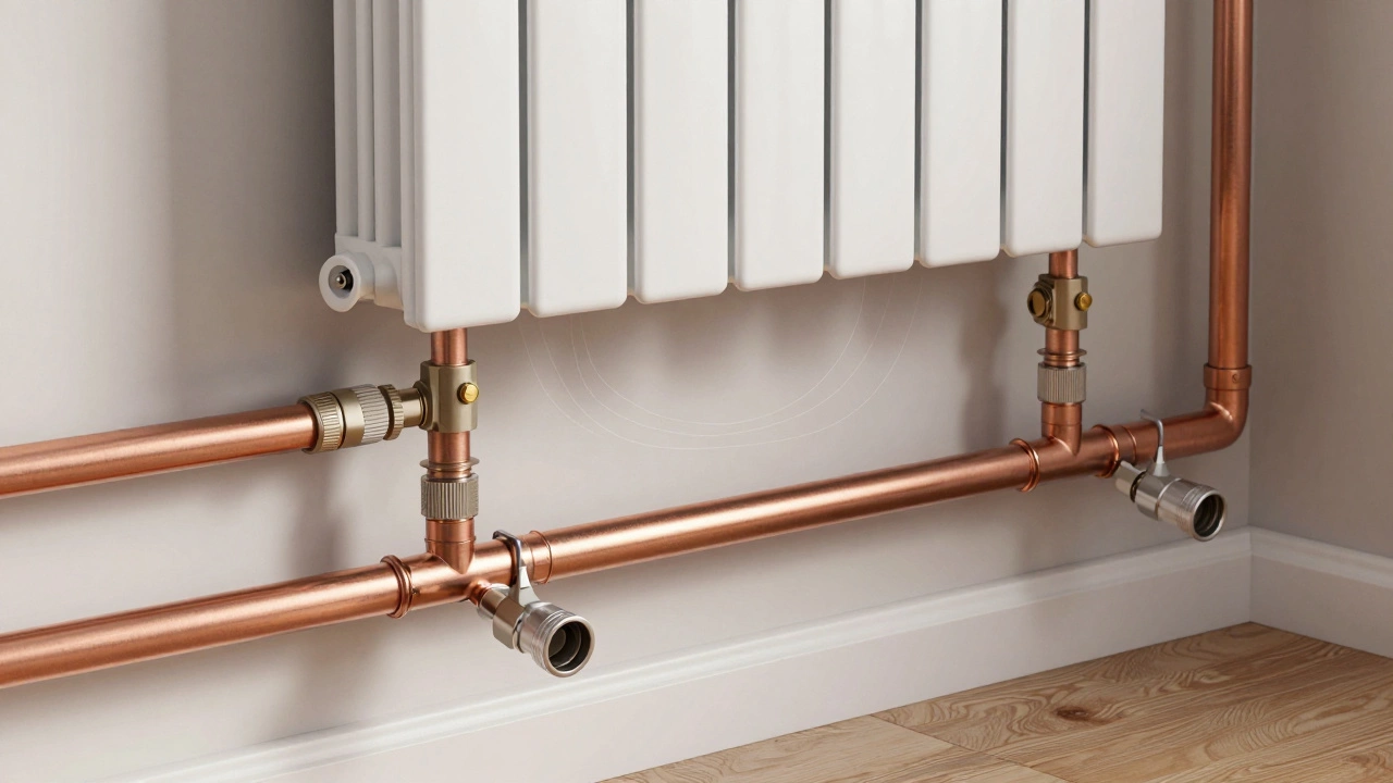 Двухтрубная система отопления с термостатическими клапанами и воздухоотводчиками на каждом радиаторе.