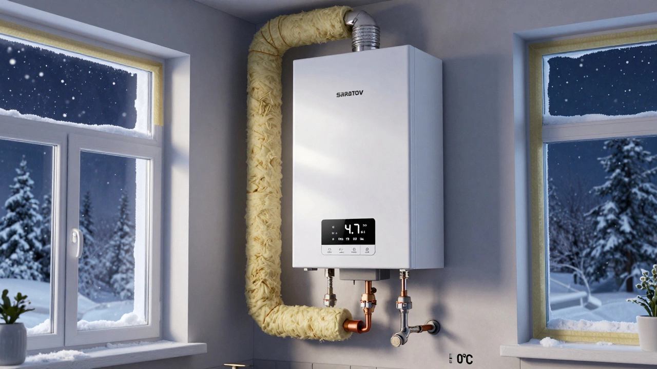 Газовый котёл с термостатом и утеплёнными трубами в доме при -10°C, расход газа 4,7 м³ в сутки.
