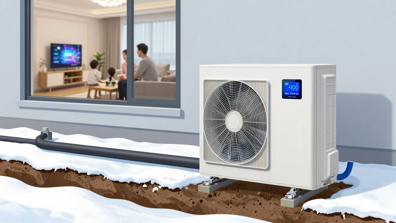 Грунтовой тепловой насос под снежным двором, дом внутри теплый, расходы на отопление низкие.