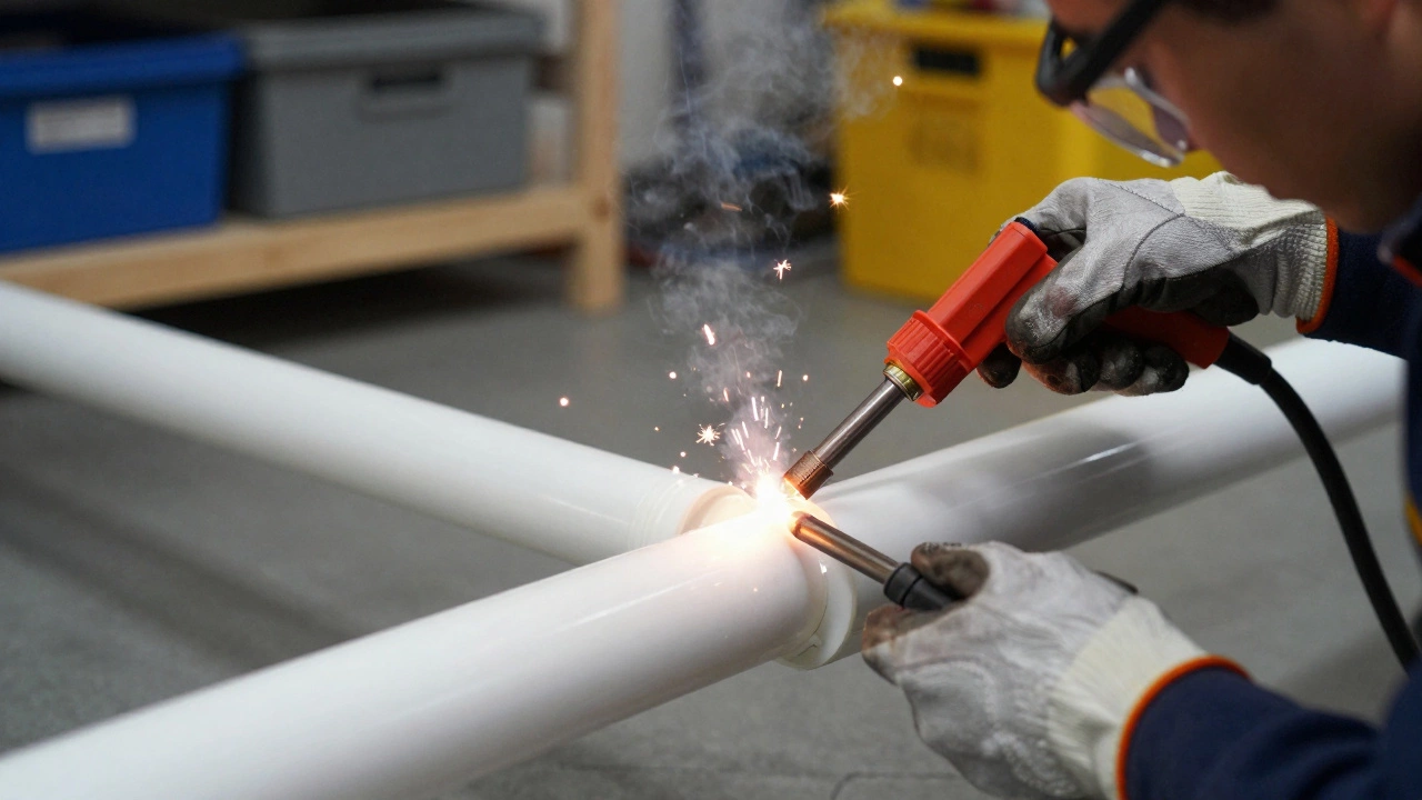 Рабочий соединяет полипропиленовые трубы с помощью пайки