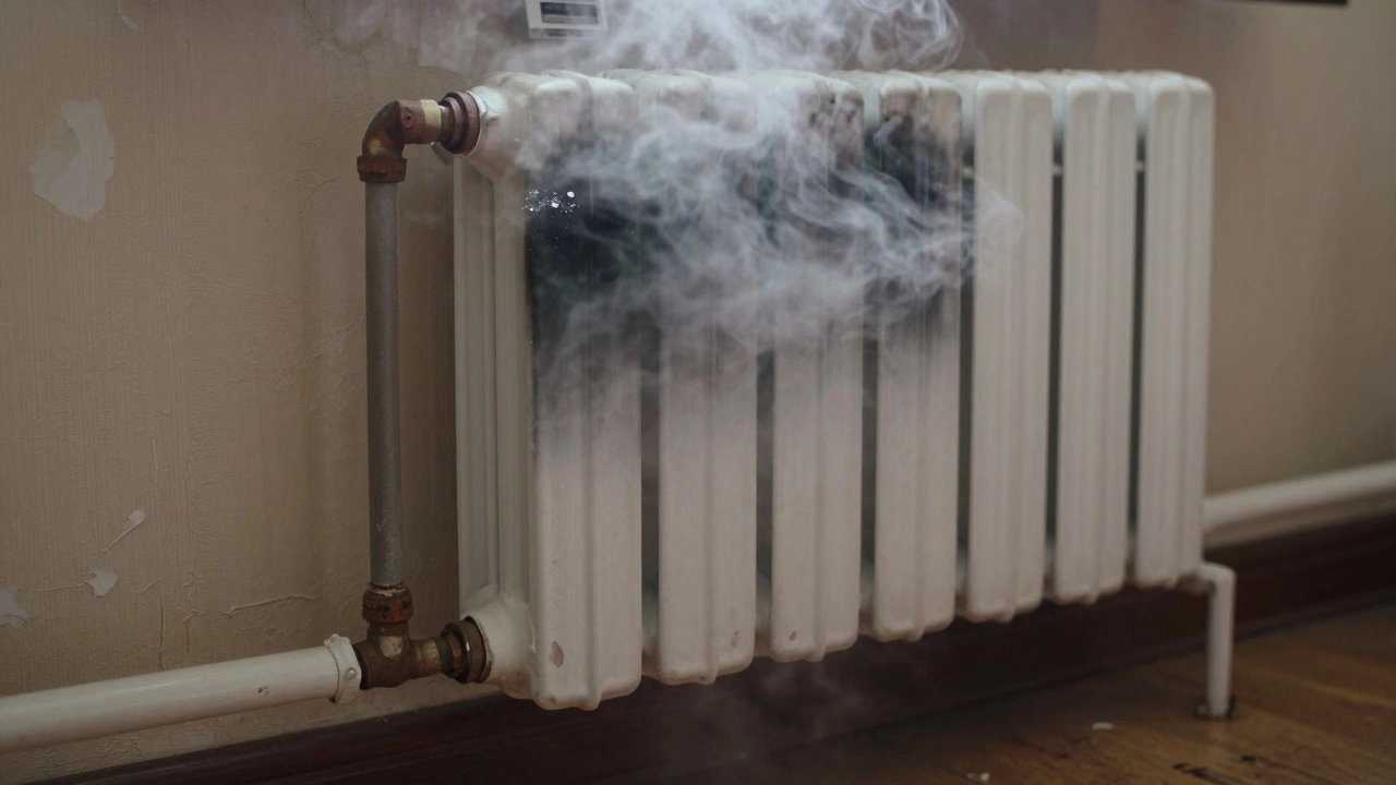 Радиатор с нижним подключением: верхняя часть холодная, вверху виден воздушный пробок, признак неэффективности.