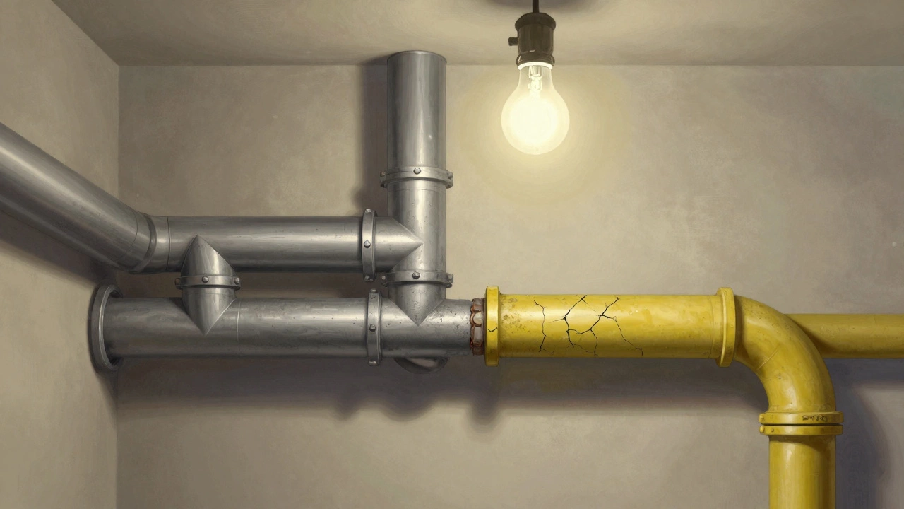 Разделенная система отопления: старые желтые трубы рядом с новыми серебристыми, с видимыми отложениями и трещинами от перепадов температур.