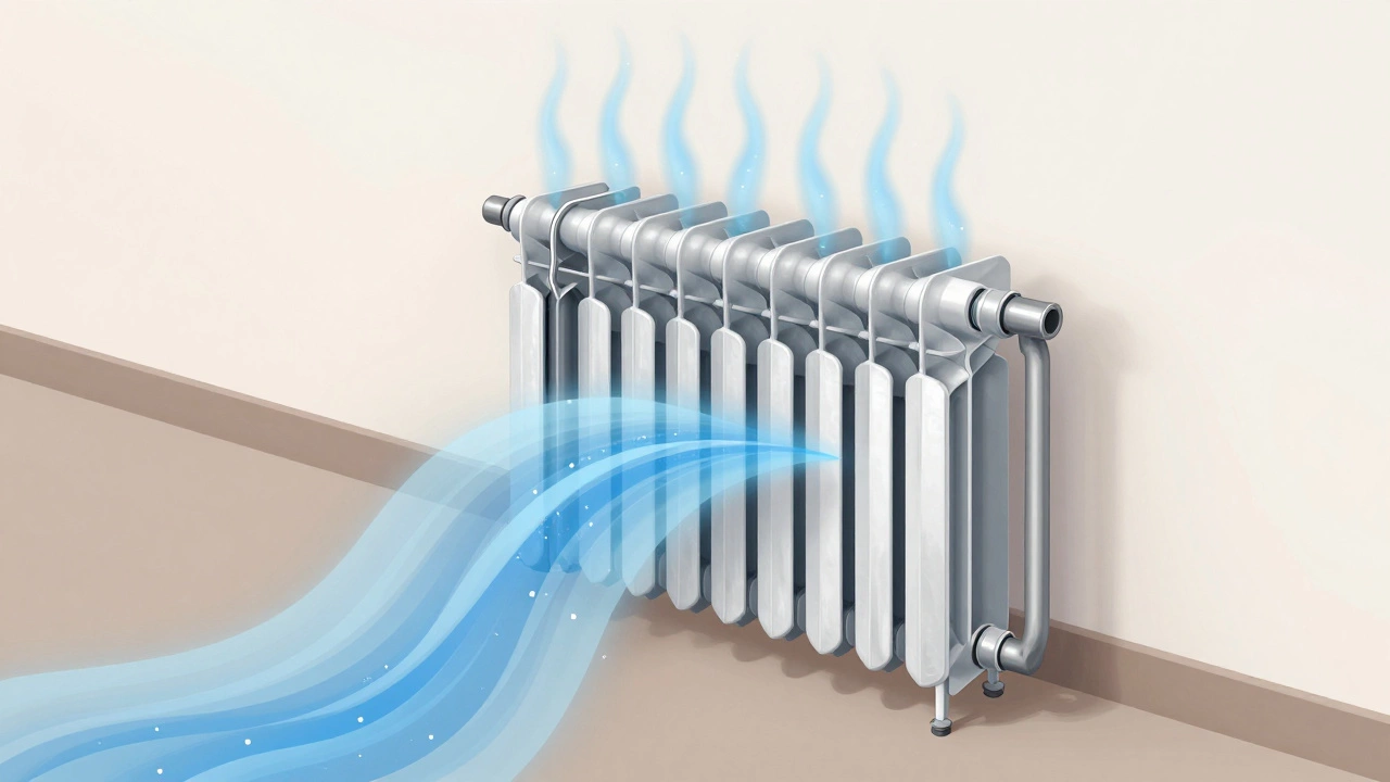 Разрез биметаллического радиатора, показывающий поток холодной воды и поглощение тепла из воздуха алюминиевыми ребрами.