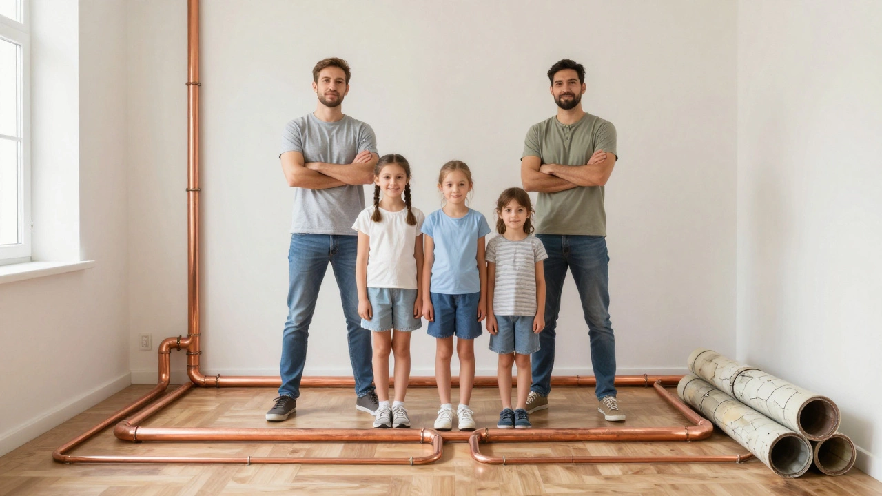 Семья в тёплом доме, прозрачные медные трубы проходят через стены, рядом лежат сломанные металлопластиковые трубы как символ неудачного выбора.