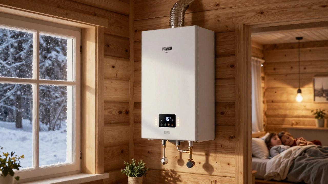 Современный газовый котел на стене дома, цифровой термостат показывает 16°C, за окном — снежная ночь.