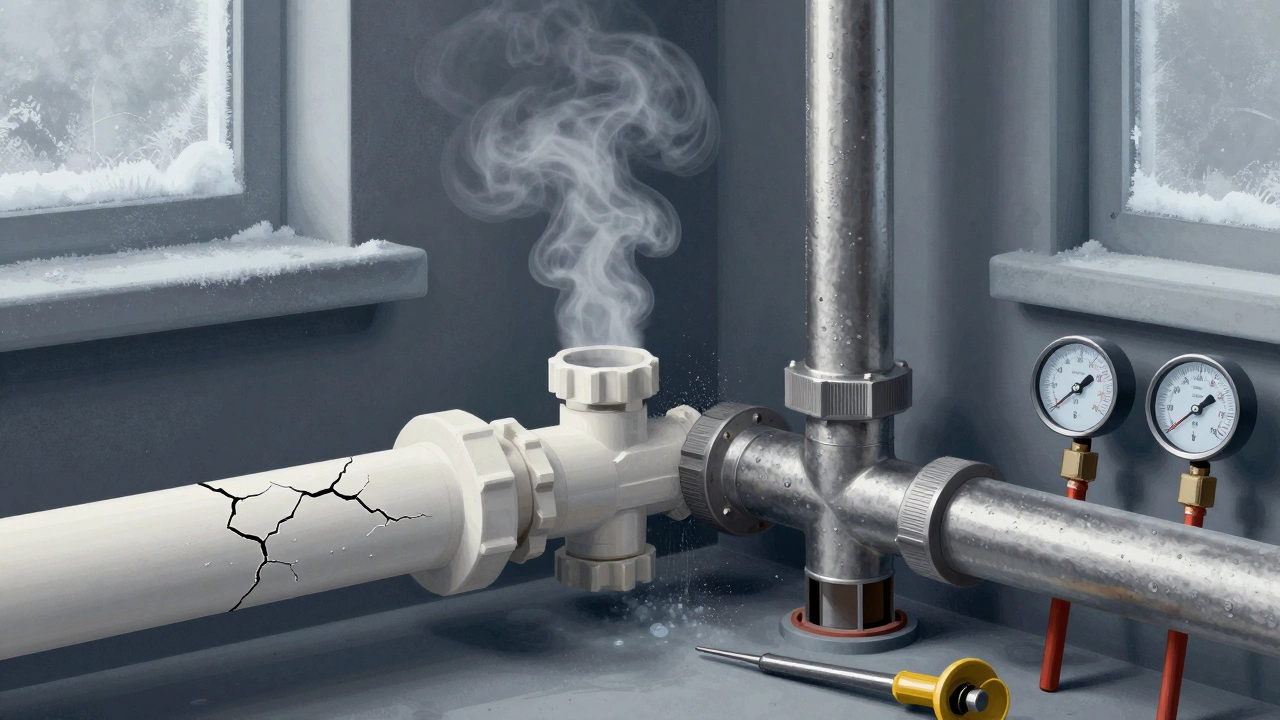 Сравнение разрушенной пластиковой трубы и целой нержавеющей стали в системе отопления, инструменты и термометры рядом.