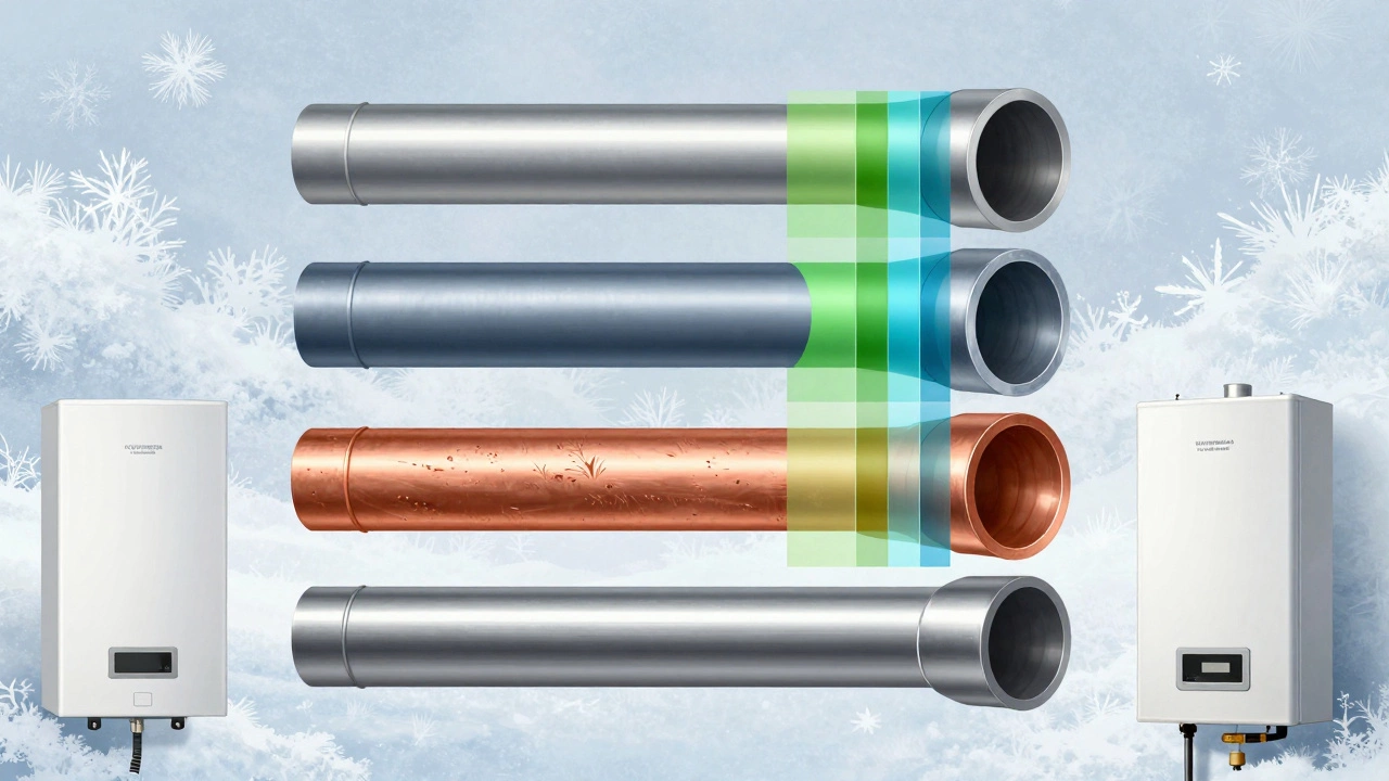 Сравнение внутреннего строения четырёх типов труб для отопления: металлопластик, полипропилен, медь и сталь с указанием параметров.