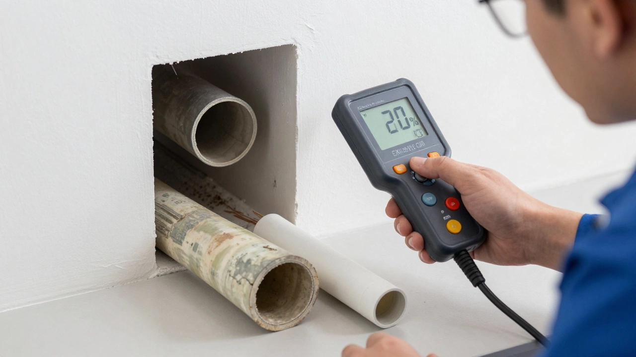 Техник измеряет толщину стенки трубы ультразвуковым прибором, рядом — образец изношенного пластика и новая труба PN25.