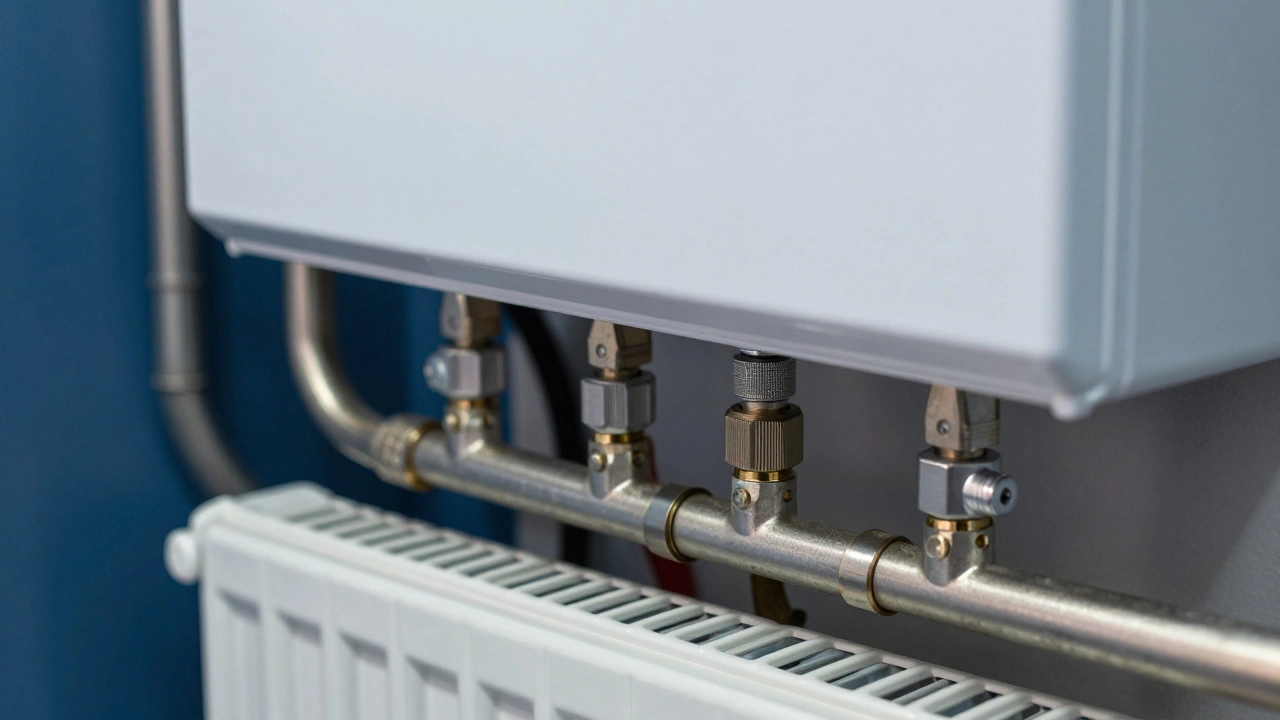 Трубы и котел системы отопления в техническом помещении