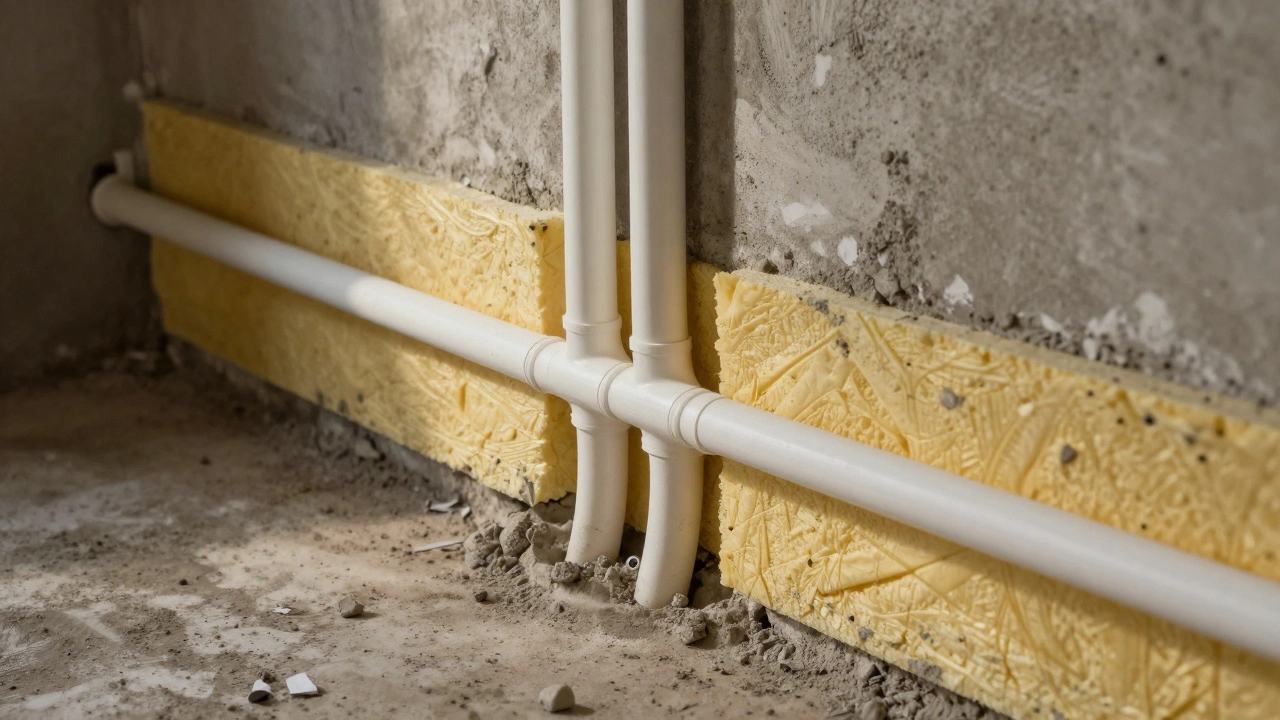 Трубы в изоляции внутри стены перед оштукатуриванием