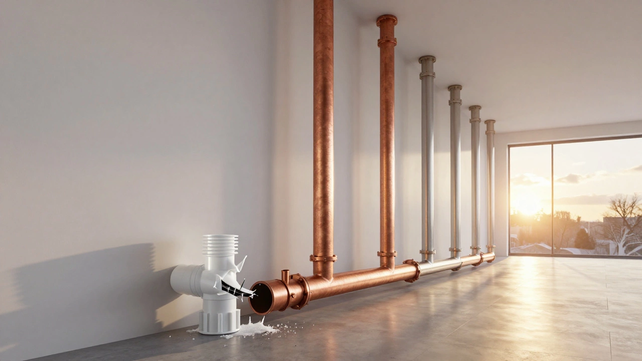 Временная шкала надежности труб: хрупкий пластик слева, медные и нержавеющие трубы справа, символизирующие долговечность.