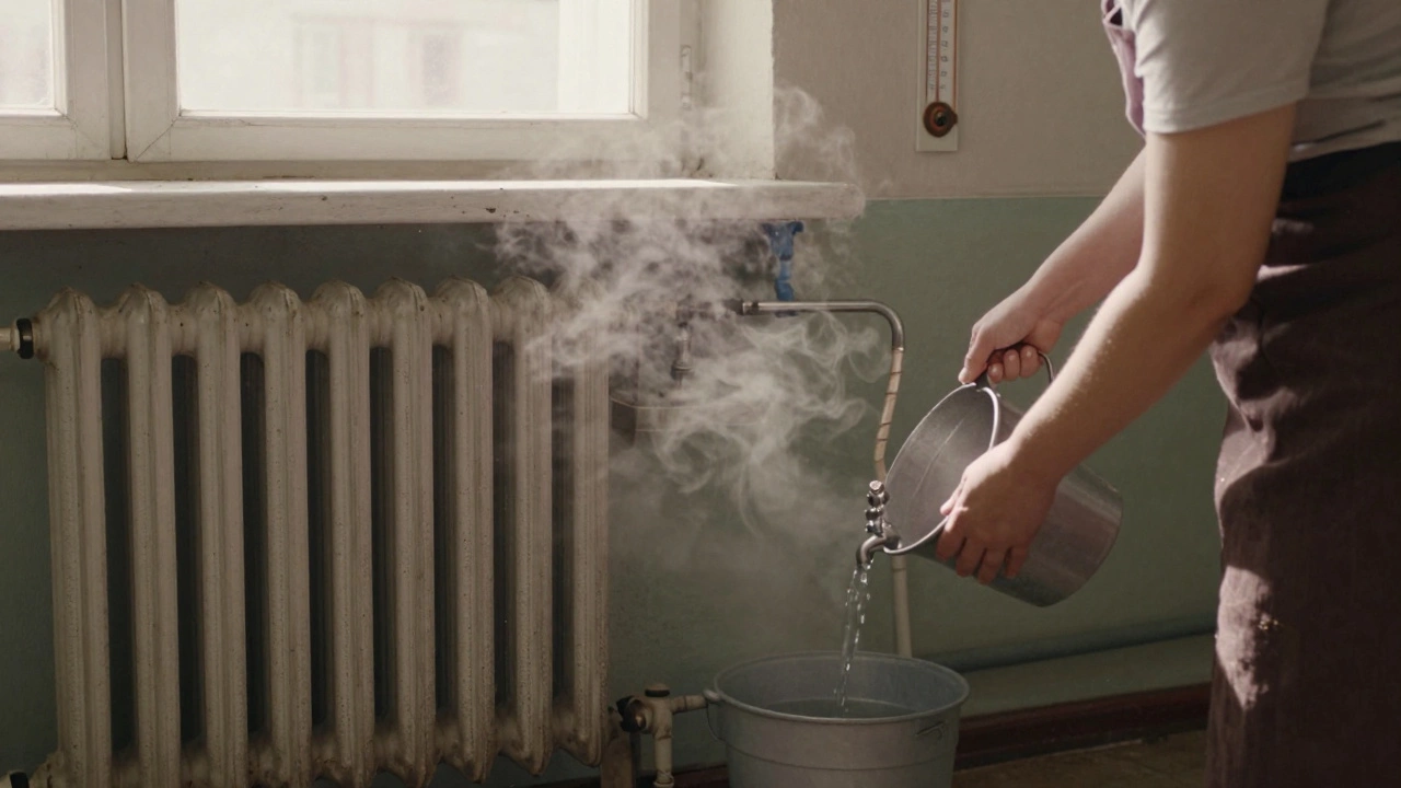 Женщина заливает холодную воду в старую чугунную систему отопления в советской квартире, летняя жара за окном.